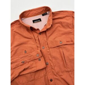 Orvis Shirt Mens Small Long Sleeve Button Up Orange Check Seersucker Lightweight